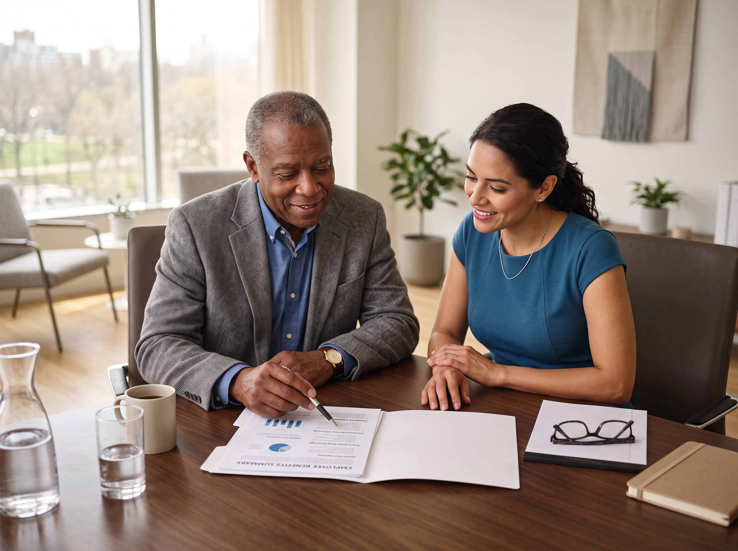 Employer and benefits advisor reviewing an Employee Benefits Summary