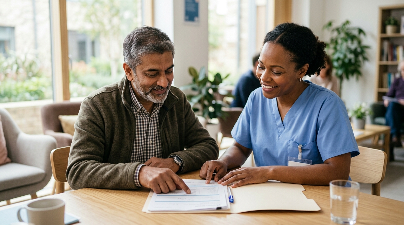 Nurse and member reviewing benefits paperwork